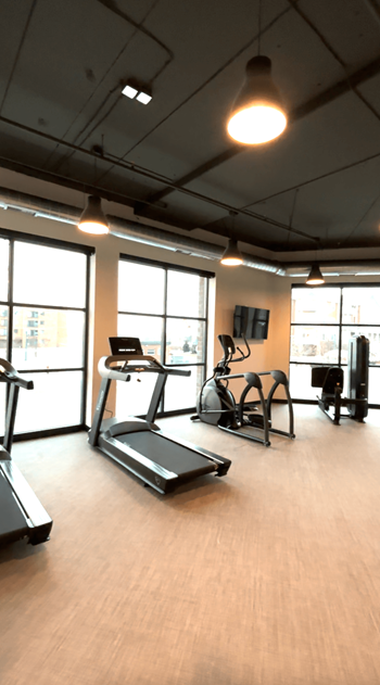 A gym with treadmills and exercise bikes.